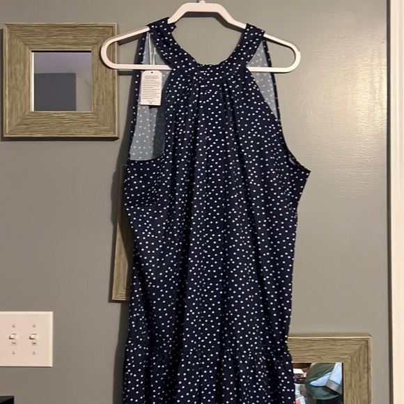 Navy blue belted polka dot ankle length dress. - Picture 1 of 5